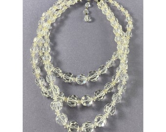 Marvella Necklace Three Strand Faceted Crystal Beaded Costume Silver Tone Signed