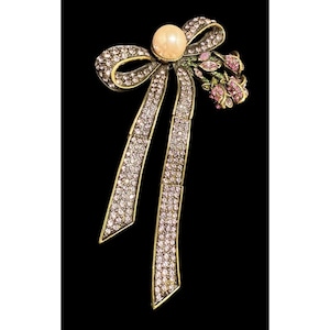 Rare Heidi Daus Articulated Bow Brooch Rhinestone Roses Floral Large Pin