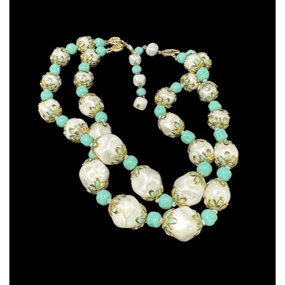 Deauville Necklace Two Strand Simulated Pearl and Turquoise Bead