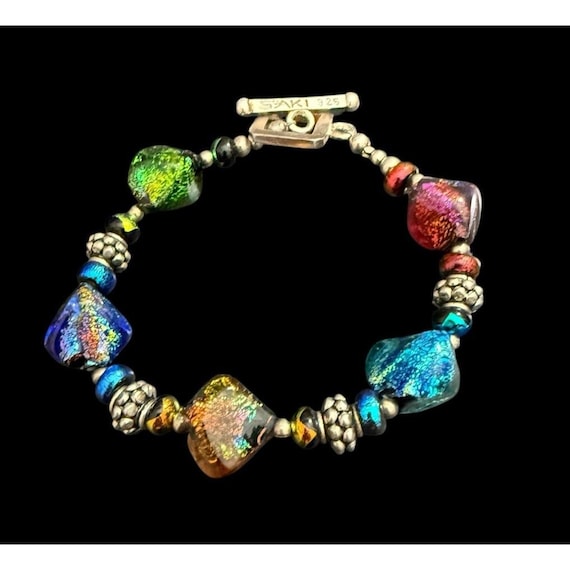Signed Saki 925 Art Glass Bead Bracelet Toggle Sterling Silver 7.5”