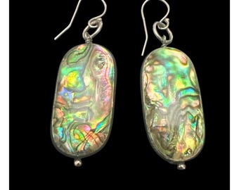925 Sterling Silver Oval Natural Abalone Shell Oval Dangle Drop Earrings