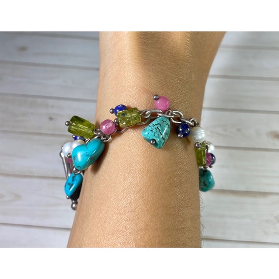 925 Toggle Bracelet Multi Gemstone Dangle Chain L… - image 4