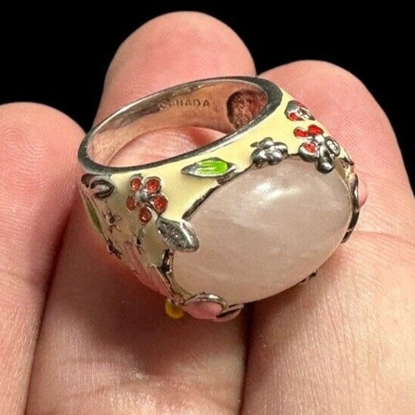 David Sigal Canada Ring Sterling Silver Rose Quartz Floral Enamel 925 Size 7