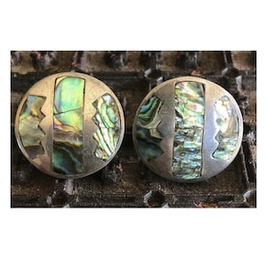 TAXCO Mexico Sterling  Earrings Abalone Inlay Earrings Clip On Fine