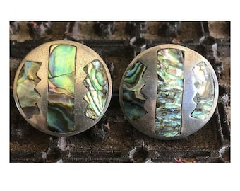 TAXCO Mexico Sterling  Earrings Abalone Inlay Earrings Clip On Fine