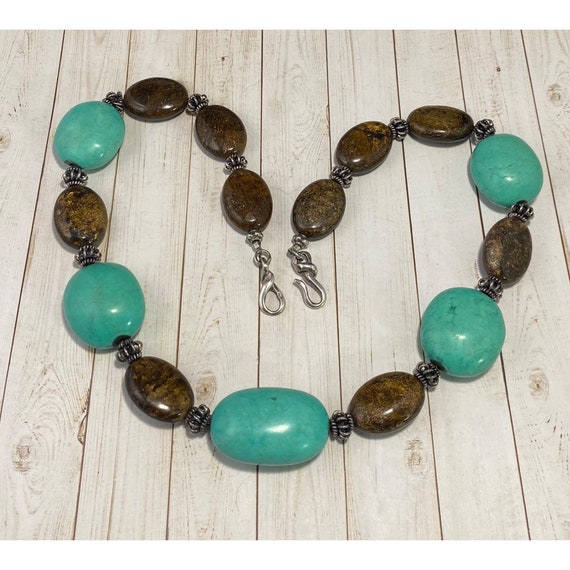 925 Turquoise and Jasper Beaded Necklace Chunky G… - image 6