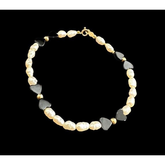Bracelet Signed 14k Gold Rice Pearl And Black Ony… - image 1
