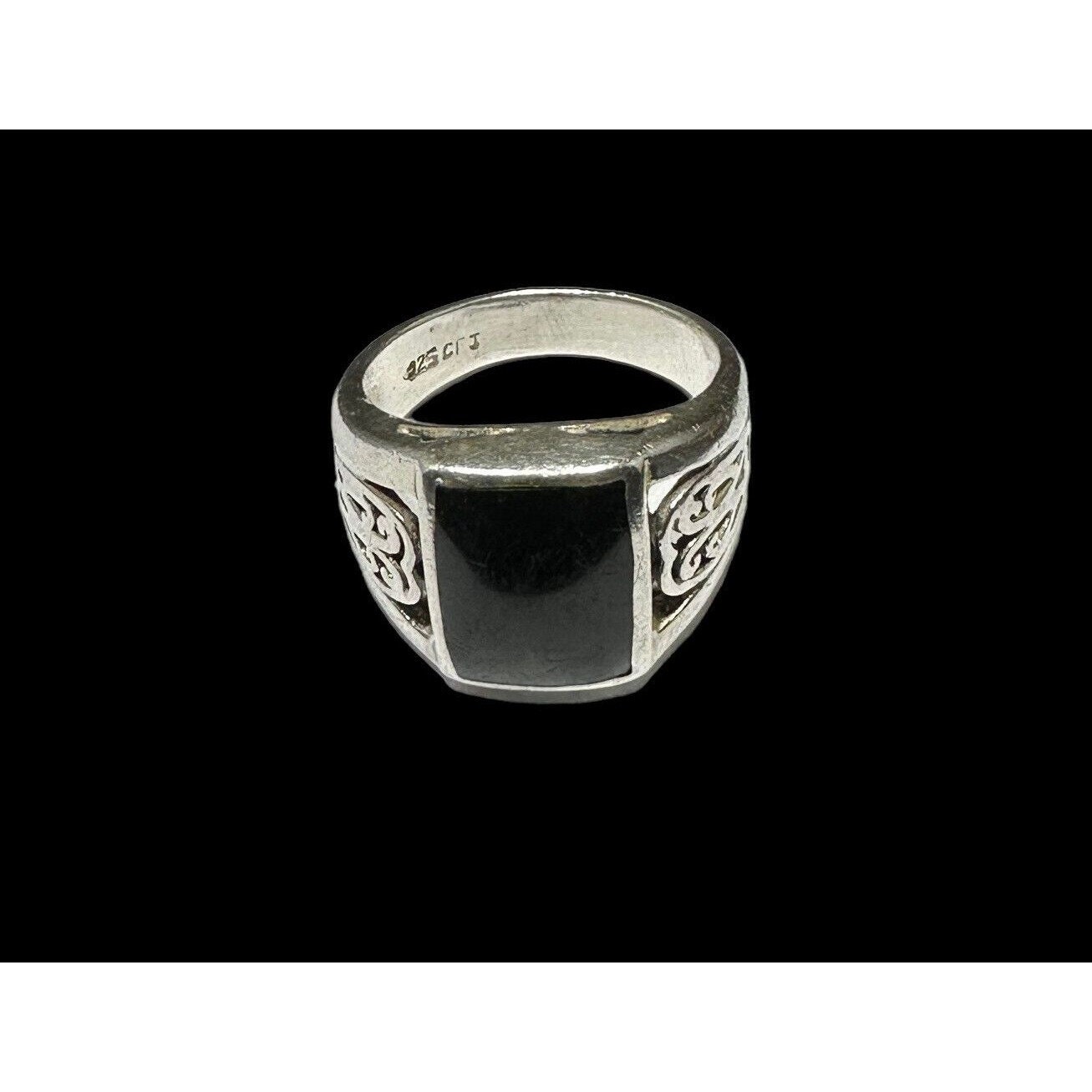 Signed CFJ 925 Ring Sterling Silver Rectangle Black Onyx