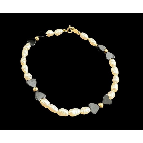 Bracelet Signed 14k Gold Rice Pearl And Black Ony… - image 4
