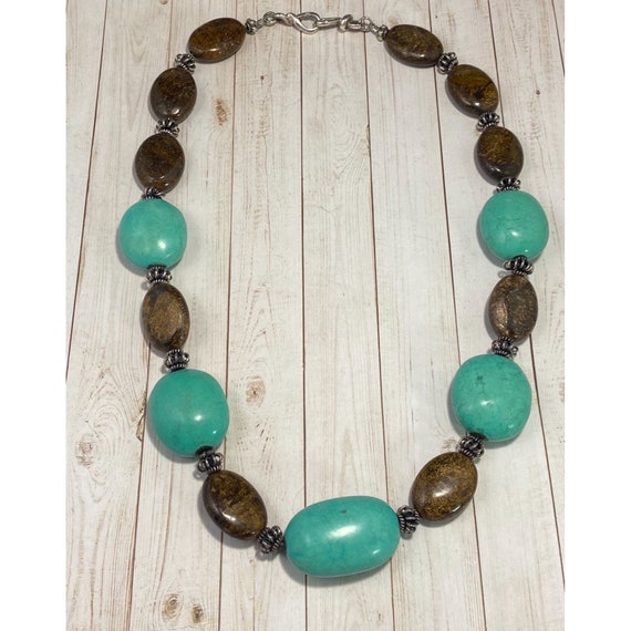 925 Turquoise and Jasper Beaded Necklace Chunky G… - image 7