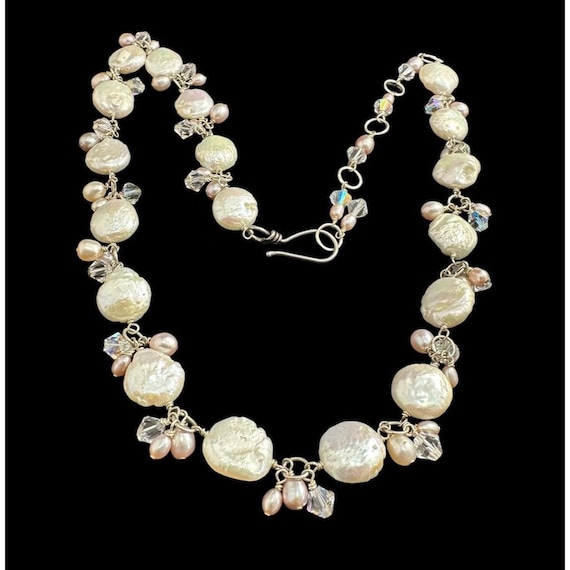 Vintage Sterling Silver Baroque Pearl Crystal Bib… - image 1