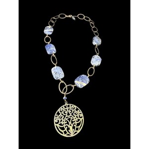 Vintage Sterling Silver Sodalite Beaded Necklace Filigree Scrollwork Pendant