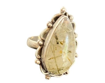 Sterling Silver Rutilated Quartz Ring Ornate Studded Ethnic Size 6.5