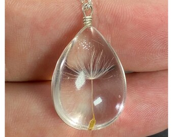 925 Natural Dandelion Seed Necklace Oval Glass Orb Tear Dangle Drop 18 inches