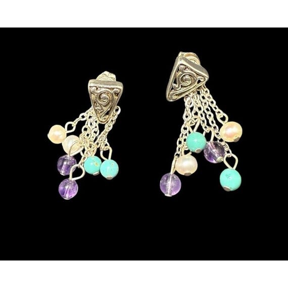 925 Silver Scrollwork Multi Gemstone Dangle Earri… - image 4