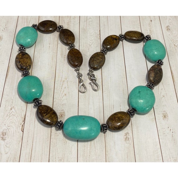 925 Turquoise and Jasper Beaded Necklace Chunky G… - image 1