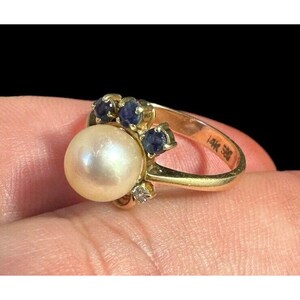 14k Yellow Gold Ring Blue Sapphire Diamond Band Size 7