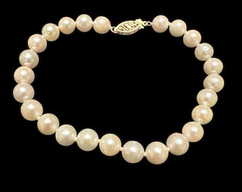 14k Yellow Gold White Cultured 6mm Pearl Bracelet Knotted 7 1/8”