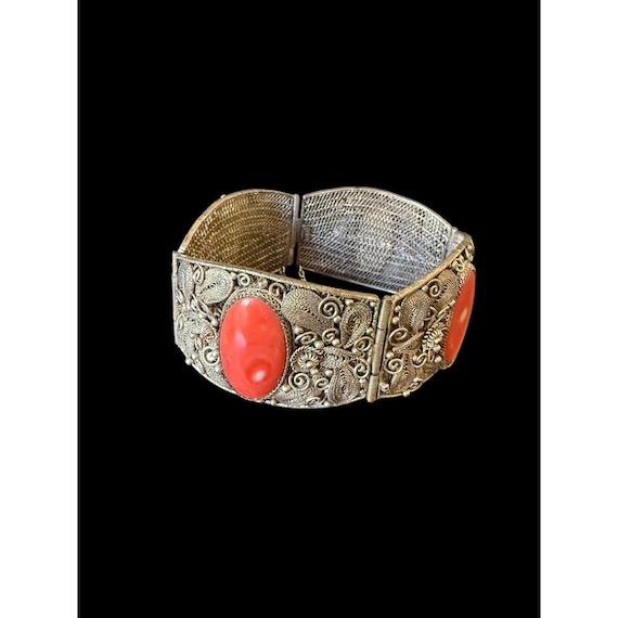 Chinese Export CHINA Silver Sterling Gilt Coral Filigree Antique Bracelet Floral