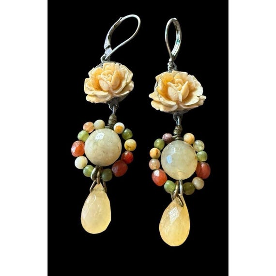 Vintage Jill Schwartz Elements Modernist Flower Dangle Drop Earrings Signed