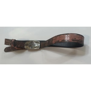 Pode incluir: Um cinto de pele de lagarto castanho e rosa com uma fivela prateada. O cinto tem um padrão texturizado e uma parte inferior preta. A fivela tem uma forma geométrica com um design decorativo.