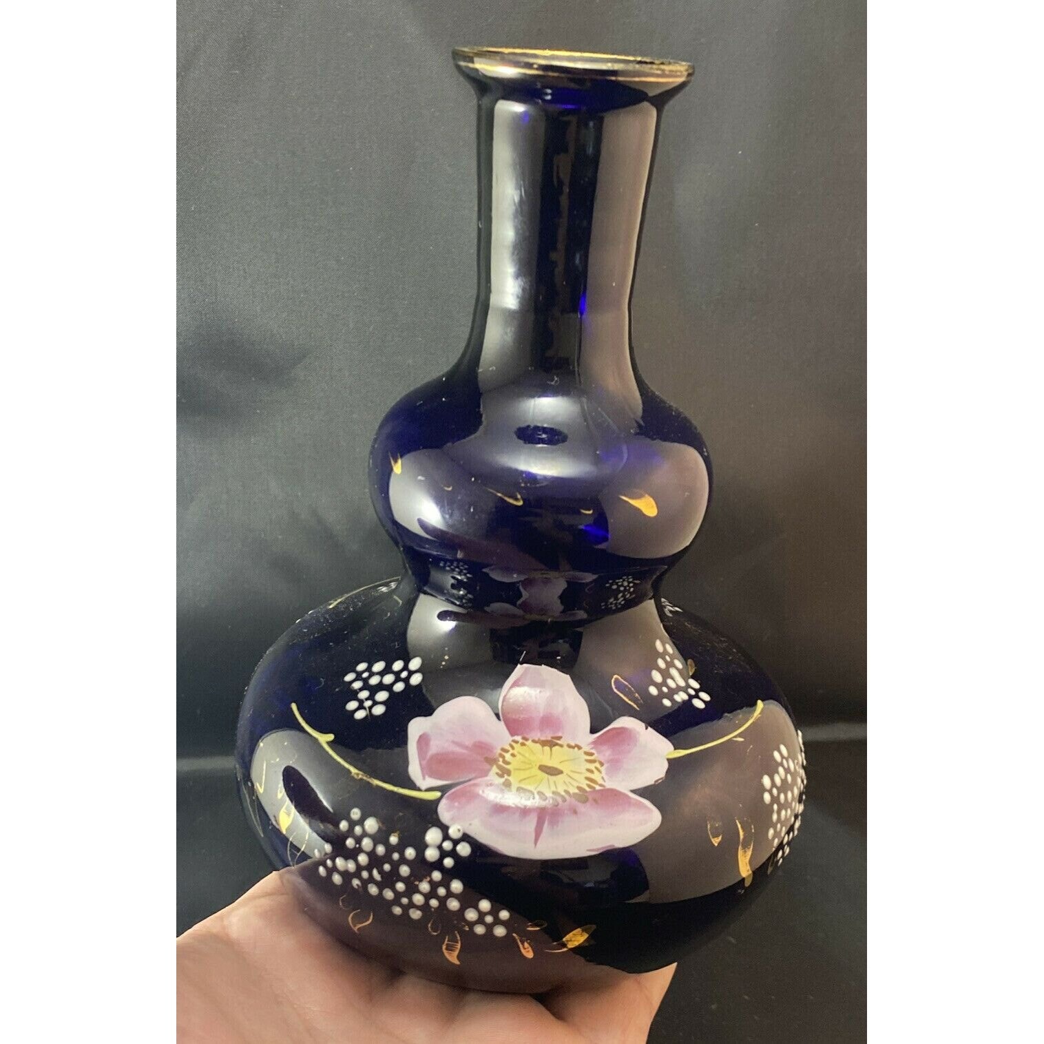 ヴィンテージ コバルト ブルー ハンドペイント フローラル リーフ 花瓶
