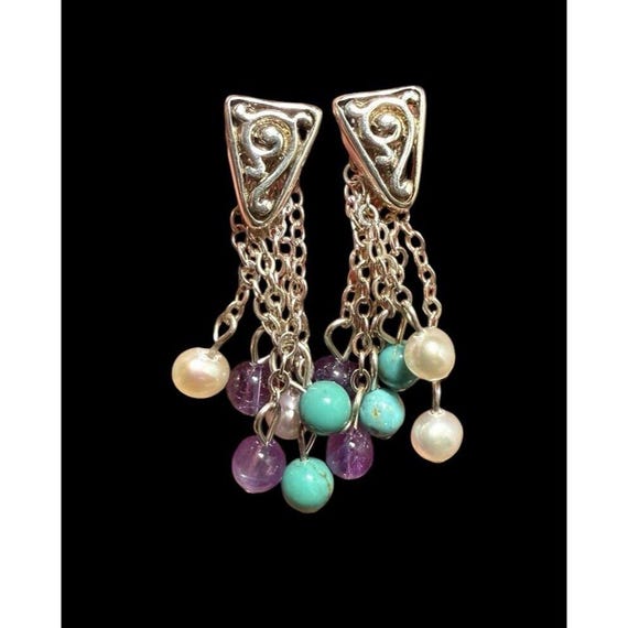 925 Silver Scrollwork Multi Gemstone Dangle Earri… - image 3