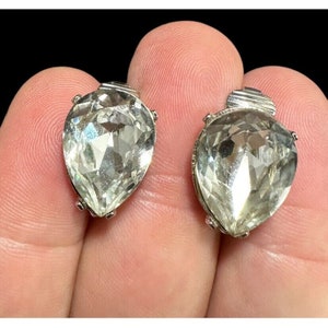 Kenneth Jay Lane Crystal Earrings Teardrop Silver Tone Clip On Vintage