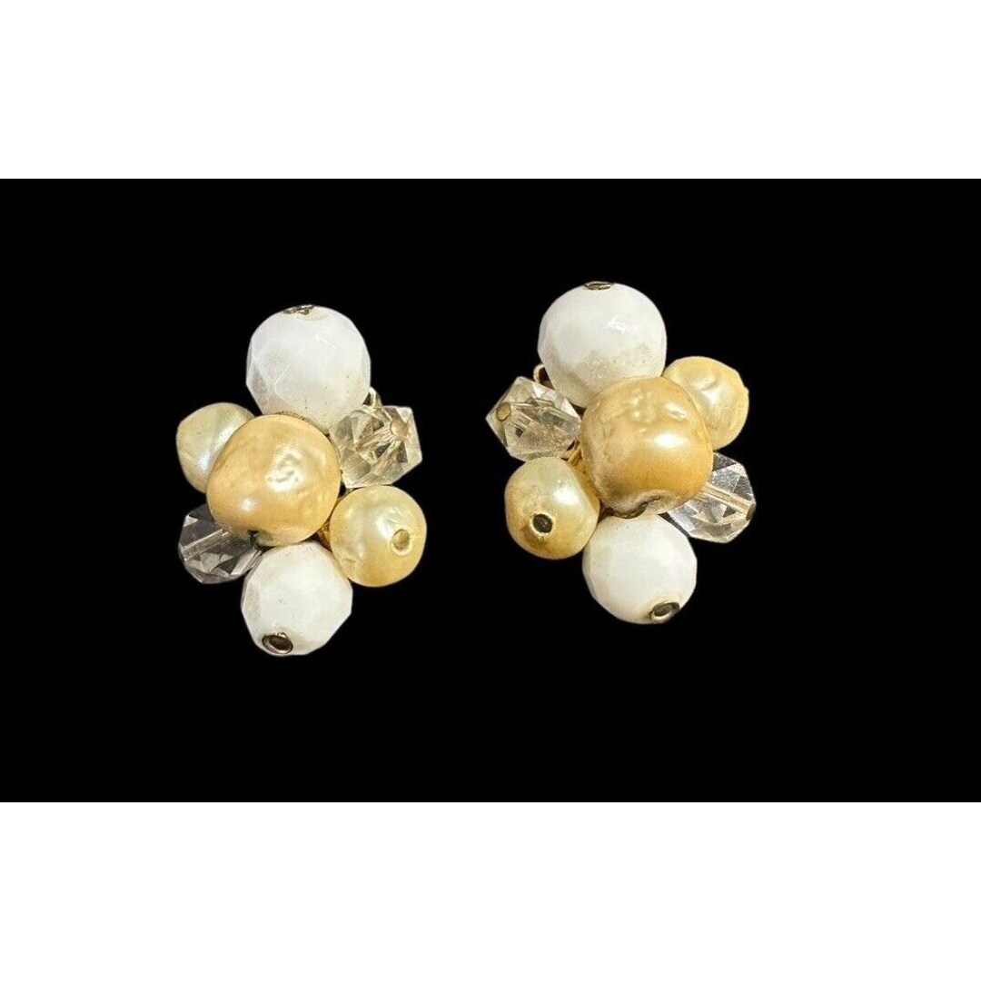 Vintage Hattie Carnegie Beaded Clip on Earrings Milk Glass Faux