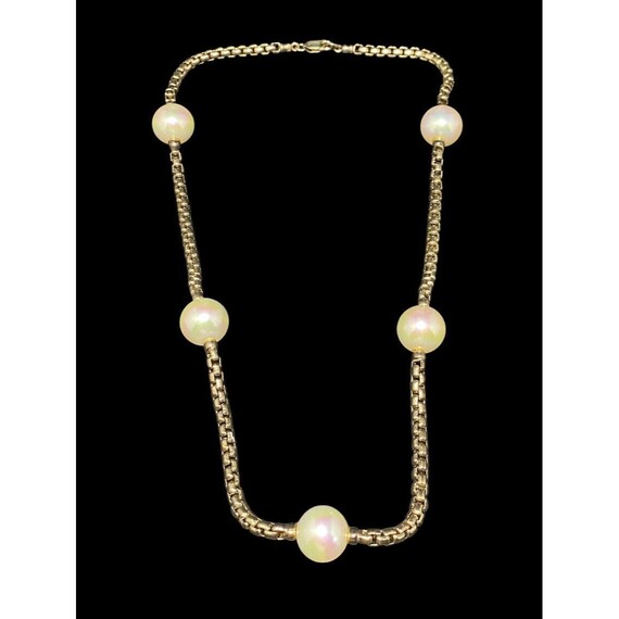 Vintage 925 Box Link Chain Faux Pearl Station Nec… - image 3