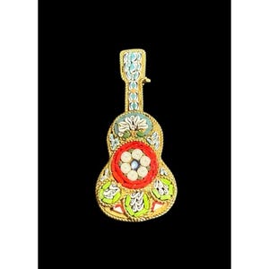Vintage Italian Micro Mosaic Floral Guitar Brooch Pin Gold Tone Miniature