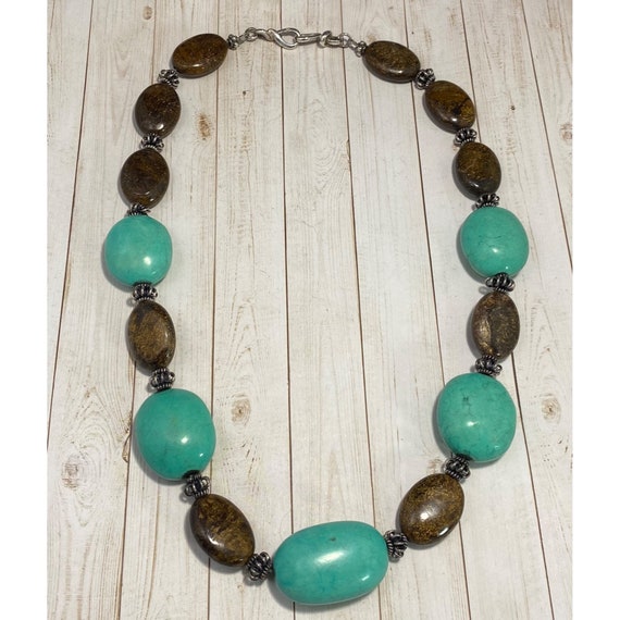 925 Turquoise and Jasper Beaded Necklace Chunky G… - image 2
