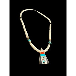 Necklace Turquoise Coral Mother Of Pearl Navajo Inlay Pendant White Shell Ethnic