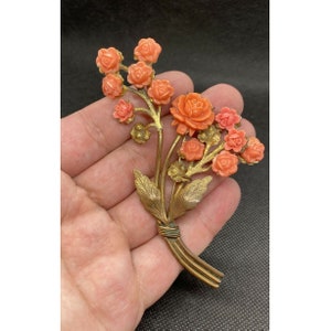 Vintage Brass Copper & Celluloid Floral Leaf Roses Statement Brooch Pin