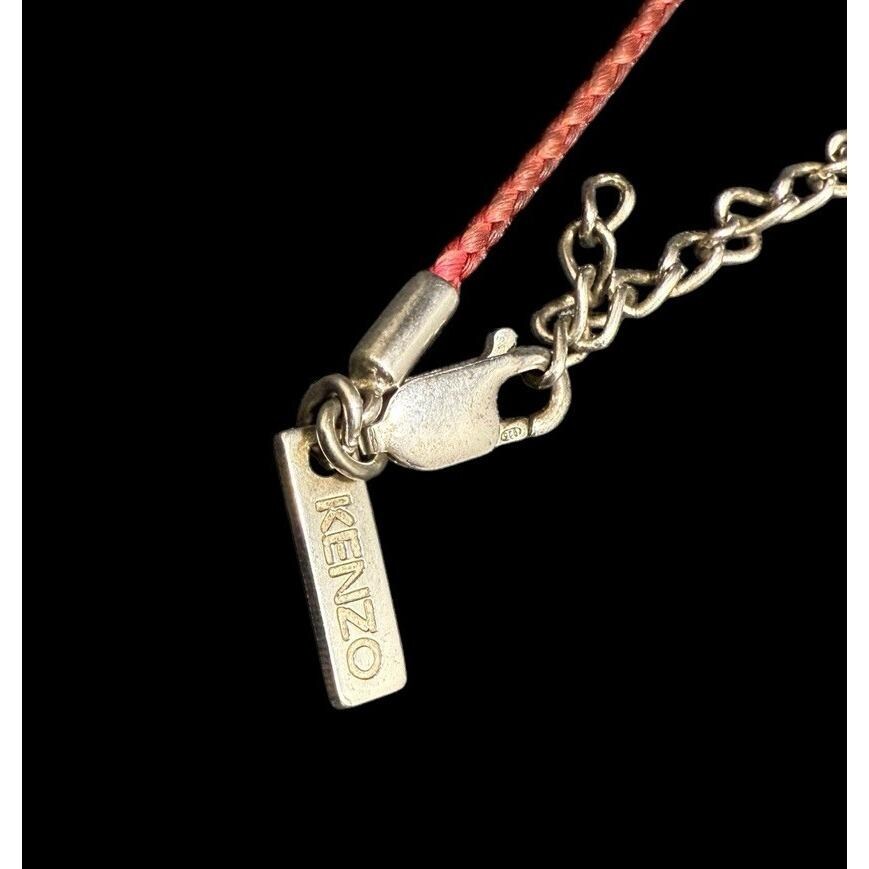 Kenzo Paris 925 Necklace Sterling Silver Flower Pendant Red Silk