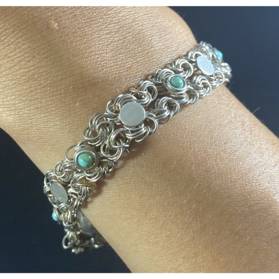 Vintage 970 Sterling Silver Turquoise Chain Link … - image 1