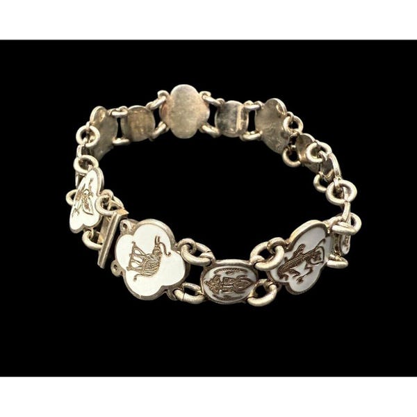 Vintage Sterling Silver Siam Dancers And Elephant Link Bracelet 7.25 in