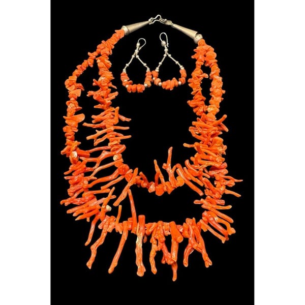 Navajo Sterling Silver Red Branch Coral Jewelry Set Necklace Dangle Earrings