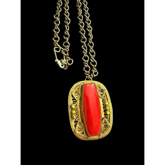 Antique Czech Red Art Glass Necklace Art Nouveau Green Rhinestone Brass Filigree