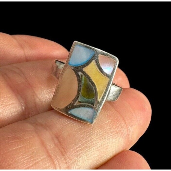 Sterling Silver Multicolor Mother Of Pearl Mosaic… - image 2