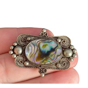 Vintage Mexico Sterling Silver Abalone Brooch Braided Studded Ornate Design Pin