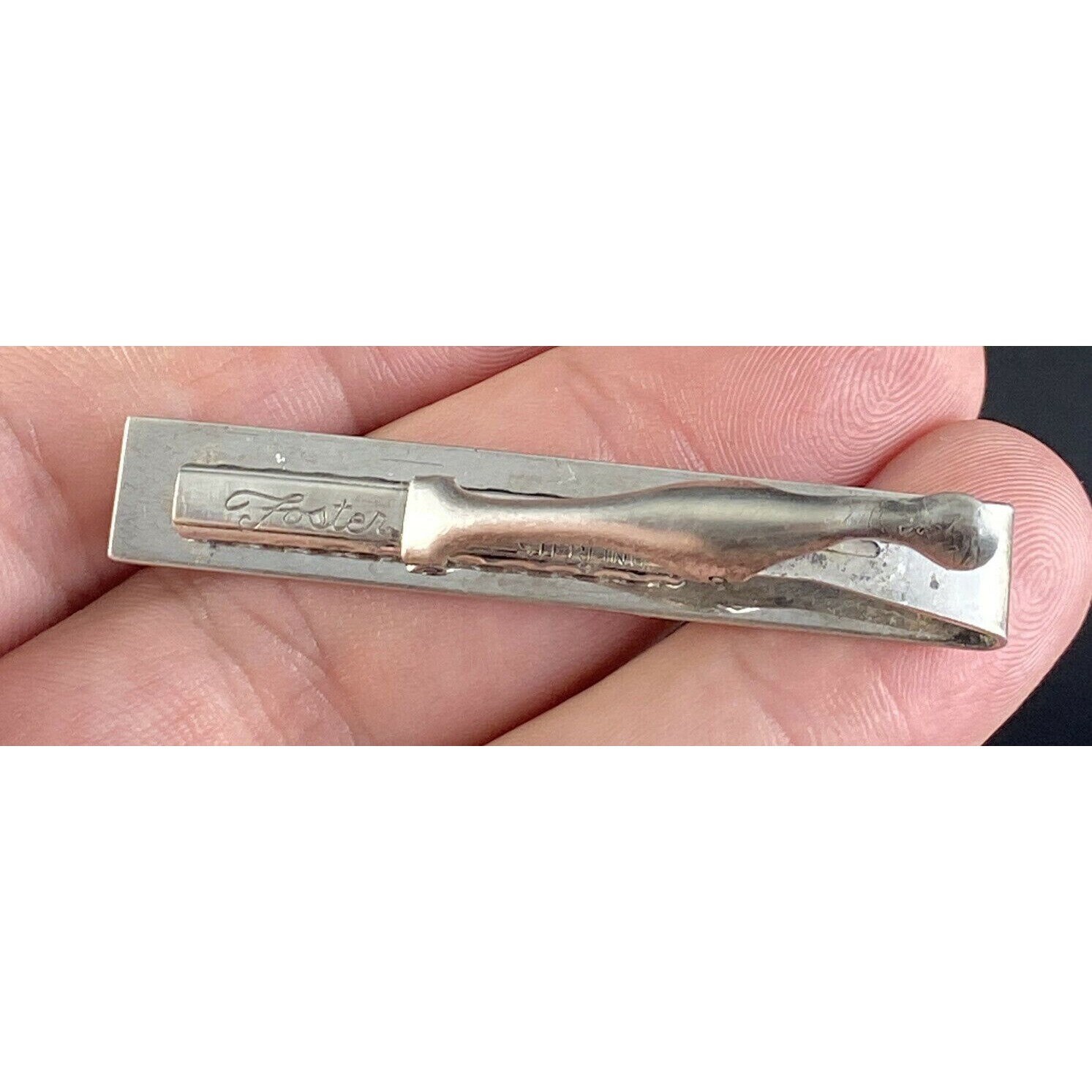 FOSTER Sterling Silver Vintage Foster ID Tie Clip Ornate  Vintage Foster jewelry tie clip main image 0