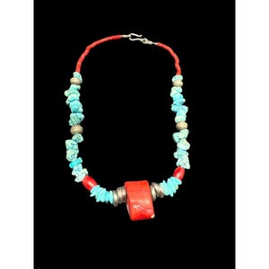 Turquoise And Red Coral Beaded Necklace Sterling Silver Spacers And Clasp 16 in