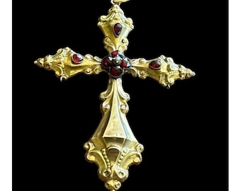 Antique Victorian Cross Pendant 8k Garnet And Seed Pearl Gold Filled Figural