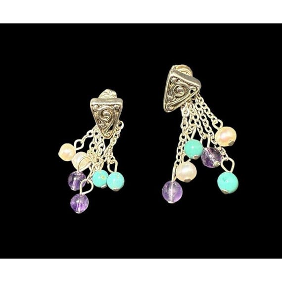 925 Silver Scrollwork Multi Gemstone Dangle Earri… - image 6