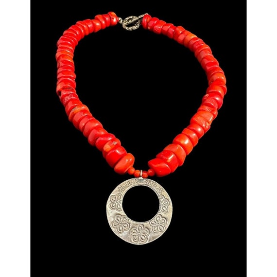 Necklace Red Coral Beaded Sterling Silver Floral … - image 2