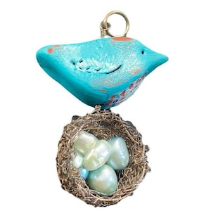 Southwestern Hand Painted Wood Bird Cultured Pearl Nest Pendant Dangle Wire