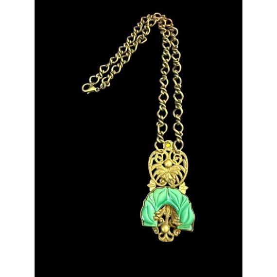 Antique Art Nouveau Brass Czech Green Glass Floral Pendant Chain Necklace
