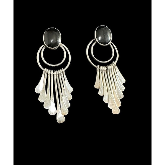 Earrings Taxco Sterling Silver Black Onyx Dangle M