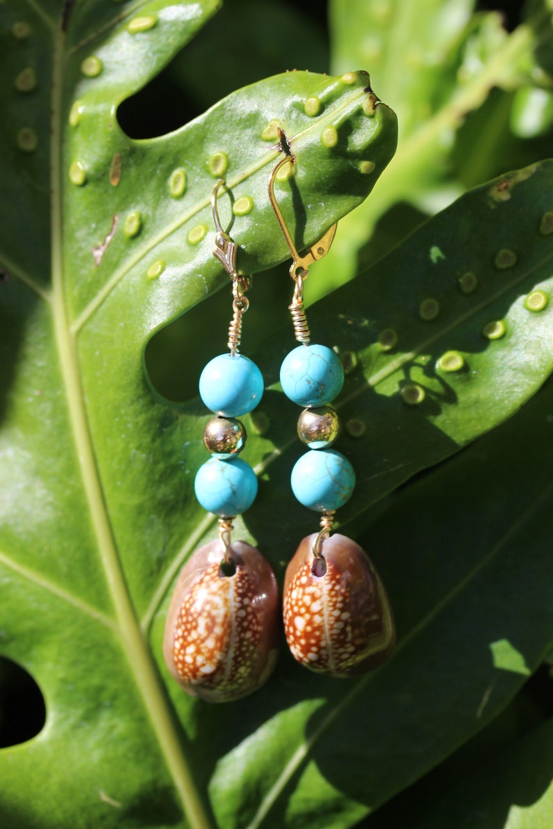 Cowrie Turquoise Bead 14 KGF Earrings